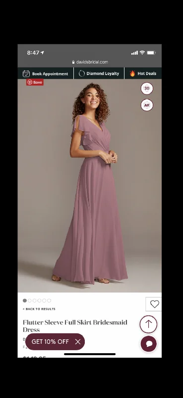 Limited Time Offer David's Bridal Flutter Sleeve Full Skirt Bridesmaid Dress