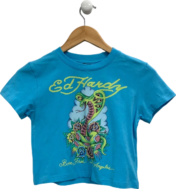 Year-End Sale Ed Hardy Blue LA-Cobra Graphic Baby Crop Tee UK S