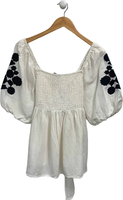Price Reduction Mint Velvet White Smocked Embroidered Blouse UK M