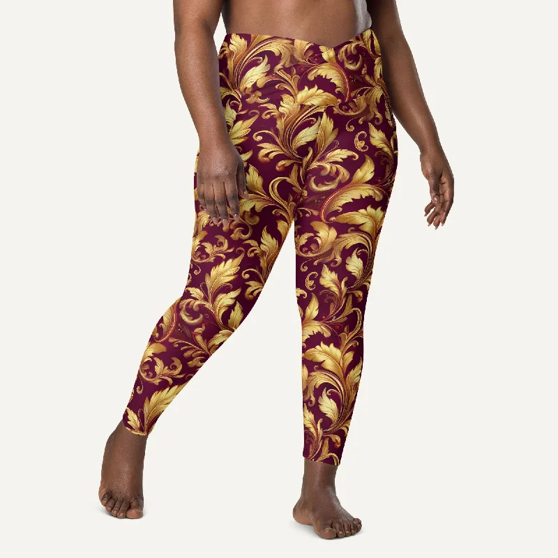 Savings Spectacular Baroque Flourish Burgundy Crossover Leggings With Pockets