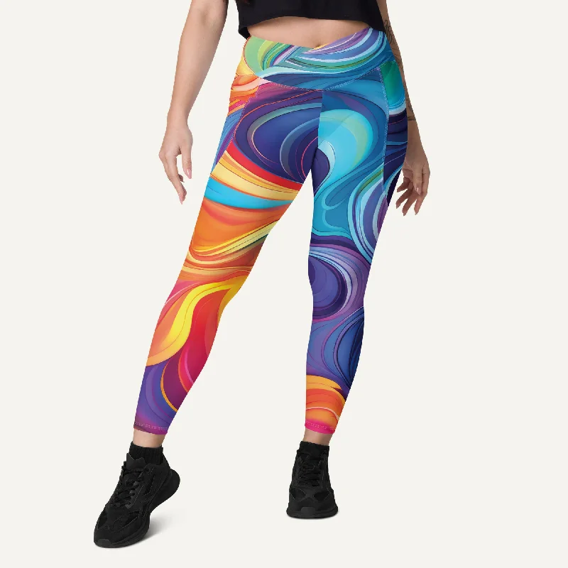 Savings Bonanza Color Swirls Crossover Leggings With Pockets