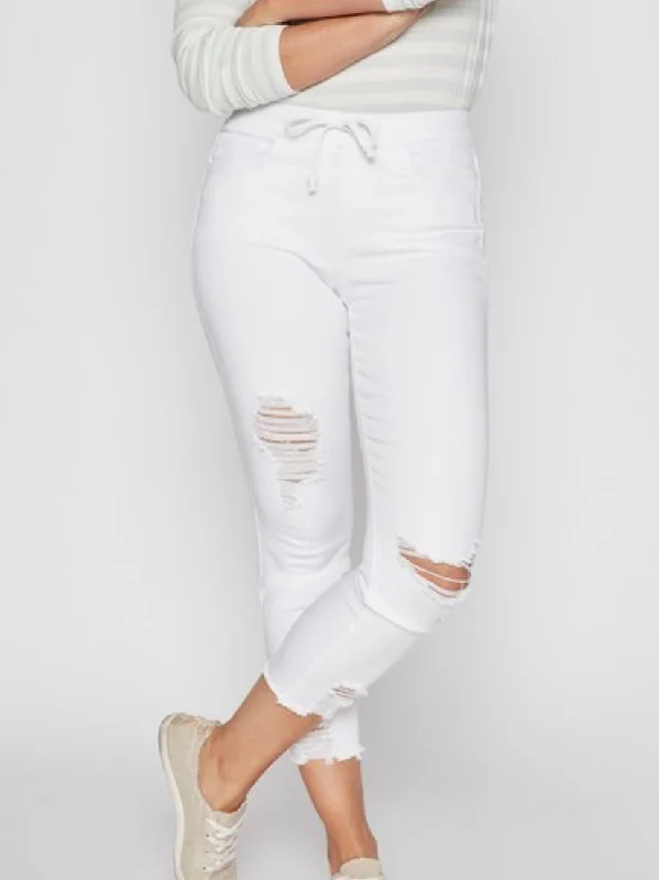 Super Deal Distressed White Petite High Rise Pull On Pants