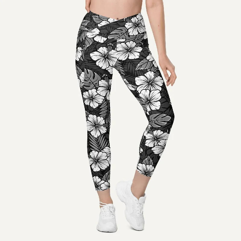 Instant Savings Hawaiian Aloha Black Crossover Leggings With Pockets