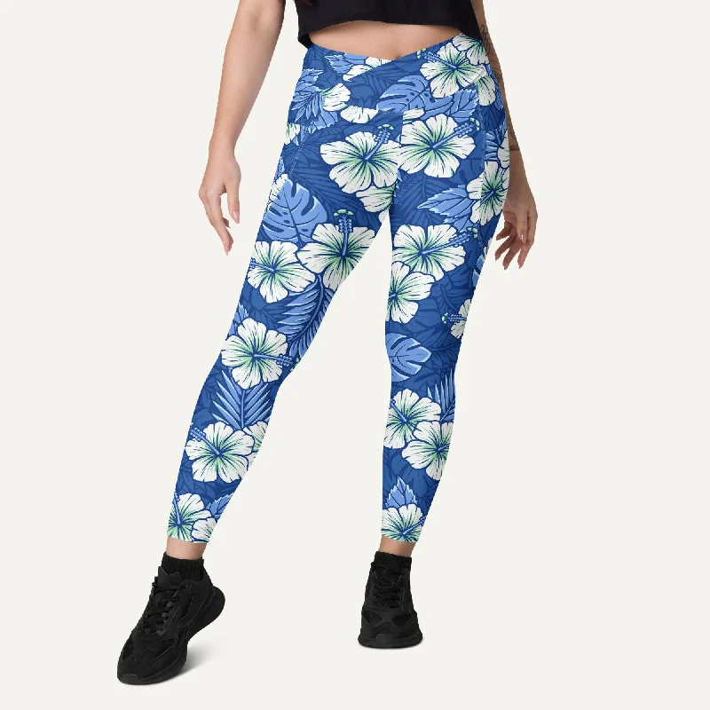 Crazy Savings Hawaiian Aloha Blue Crossover Leggings With Pockets