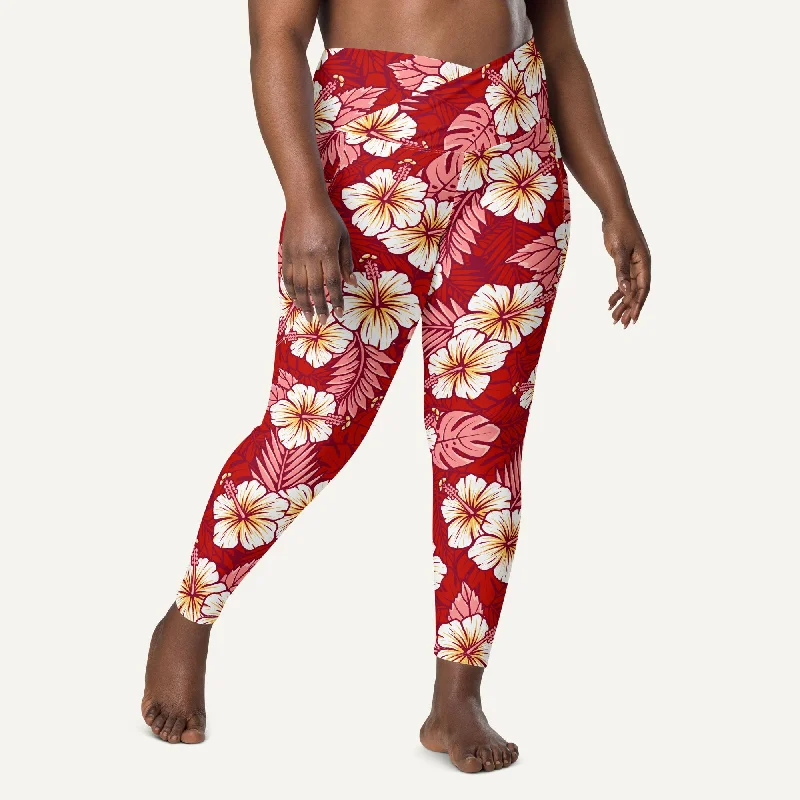 Savings Event Hawaiian Aloha Red Crossover Leggings With Pockets
