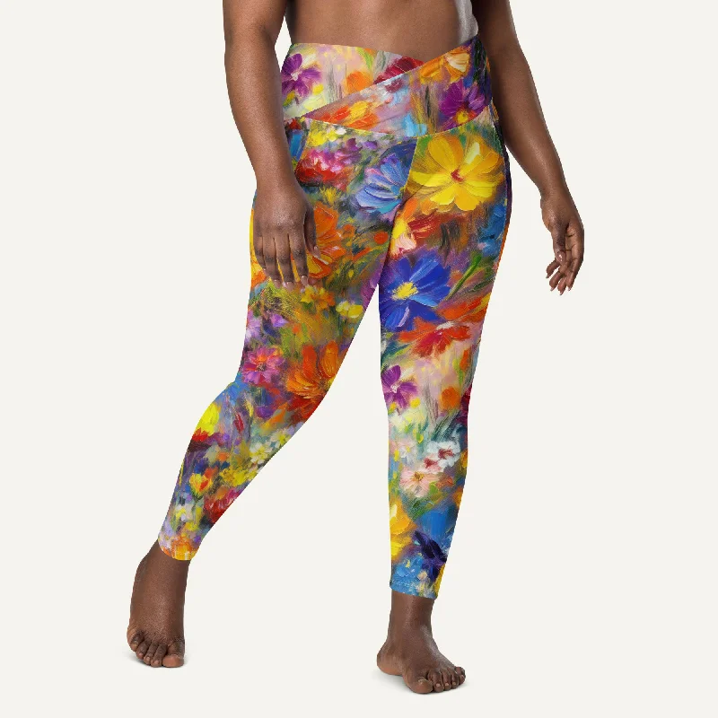 Mega Deal Impressionist Flowers Crossover Leggings With Pockets