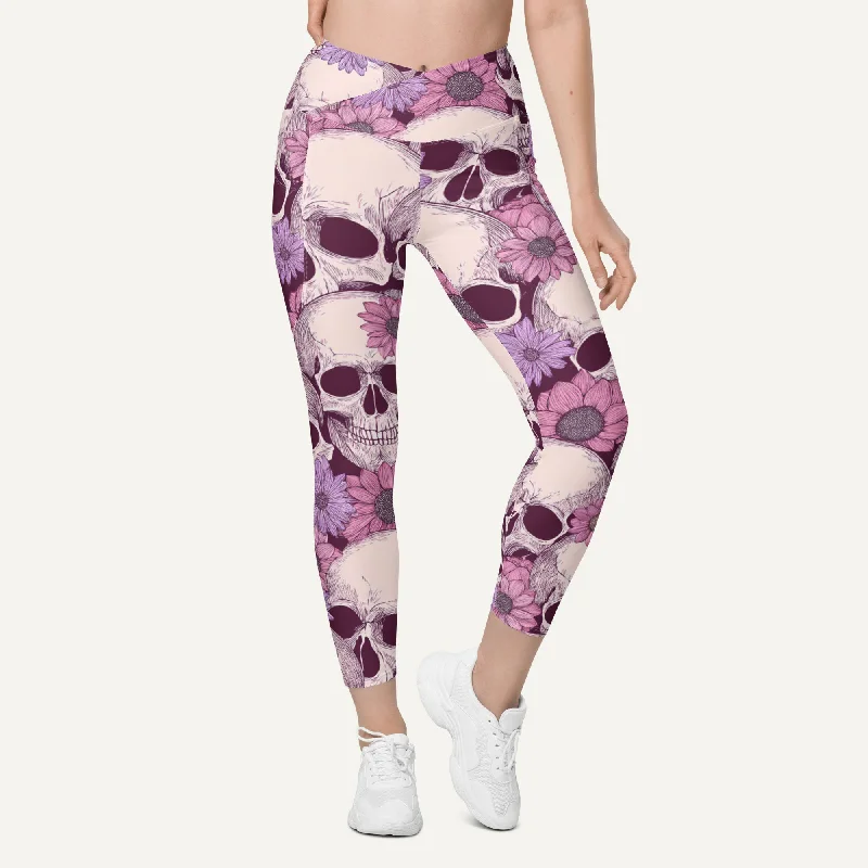 Bargain Bin Pastel Floral Skulls Crossover Leggings With Pockets
