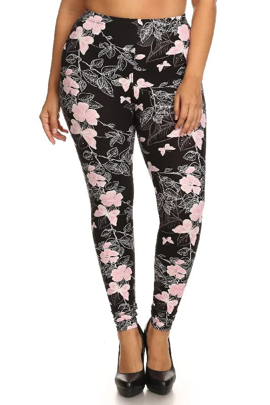 Mega Sale Plus Size Super Soft Peach Skin Fabric, Butterfly Graphic Printed Knit Legging With Elastic Waist Detail