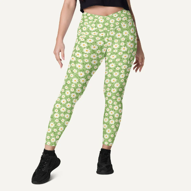 Amazing Deals Summer Daisies Green Crossover Leggings With Pockets