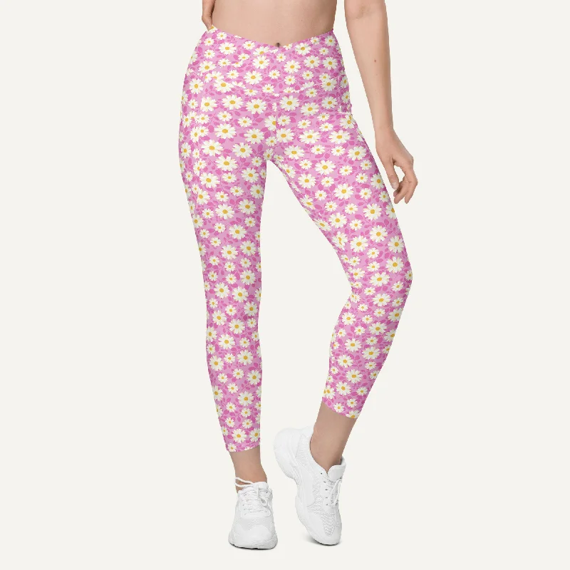 Big Discounts Summer Daisies Pink Crossover Leggings With Pockets