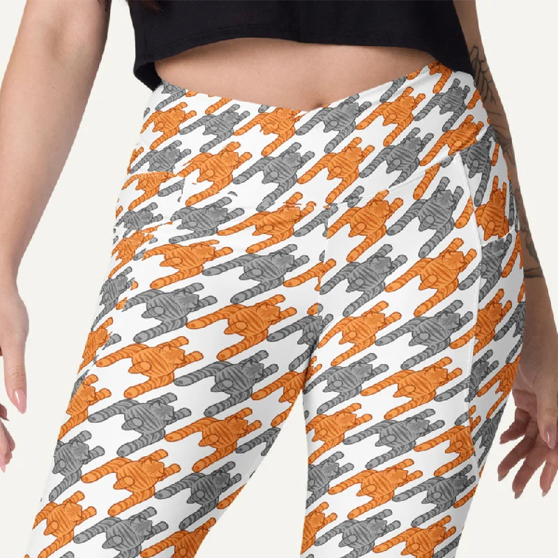 Discount Days Tabby Cats Houndstooth Crossover Leggings With Pockets