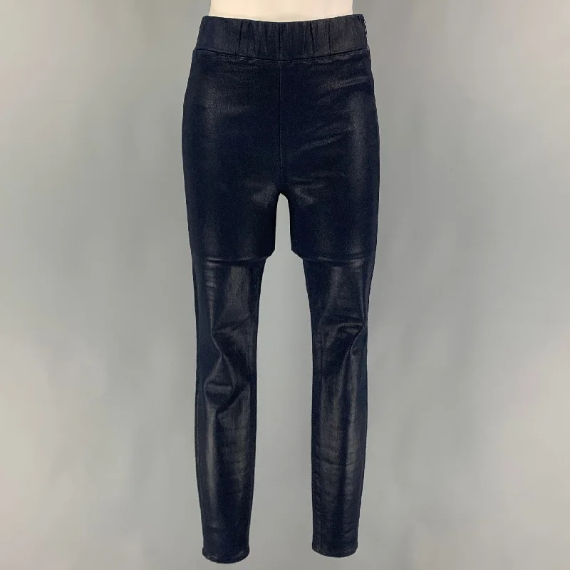 Shop and Save L'AGENCE Size M Navy Cotton Blend Faux Leather Elastic Waistband Leggings