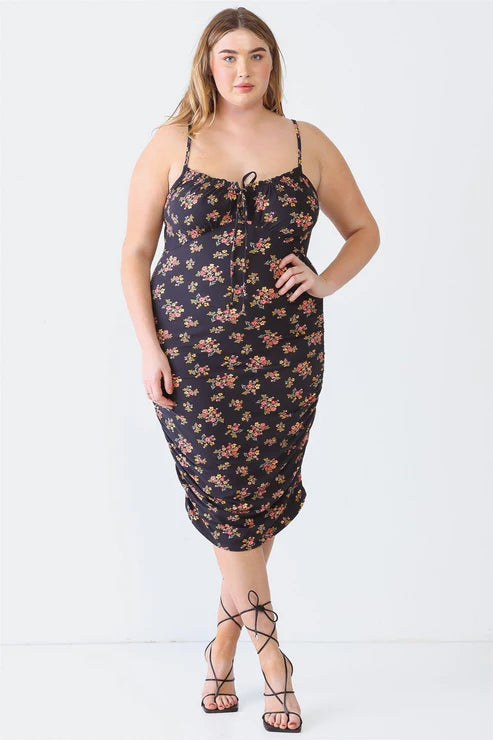 Limited Time Black Floral Print Ruched Curvy Midi Dress