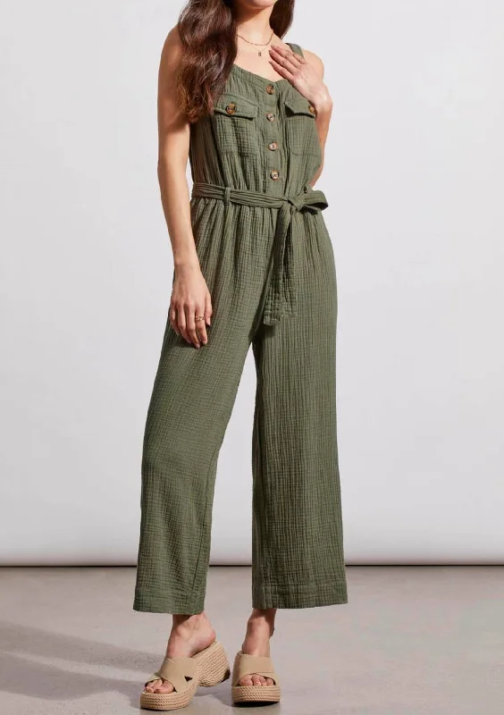 Massive Deals Button Front Jumpsuit with Sash and Pockets - Fern
