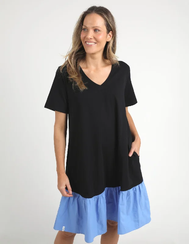Clearance Items Elle V Neck Dress Black/Cerulean Blue