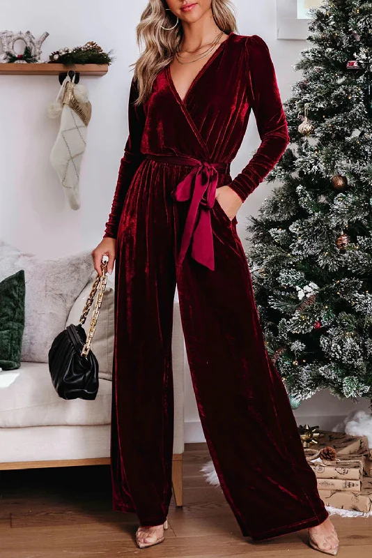 Midnight Sale Fiery Red Velvet Pocketed Cut out Back Wide Leg Jumpsuit