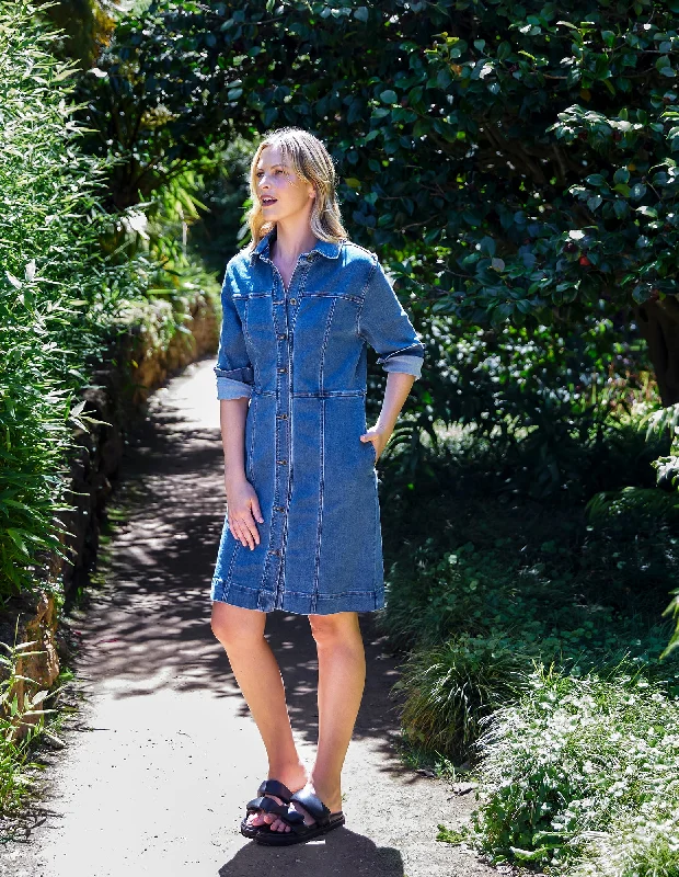 Year-End Clearance Gwen Long Sleeve Denim Dress Mid Blue Wash