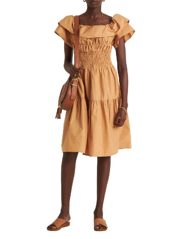 Online Only Helena Shoulder Frill Dress Tan