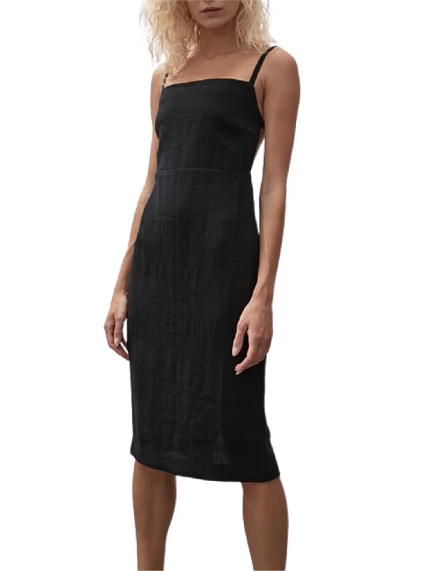 Take Advantage Linen Open Back Dress - Black