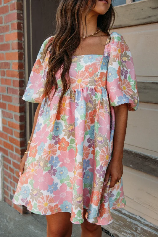 Extra Discounts Pink Summer Floral Square Neck Puff Sleeve Babydoll Dress