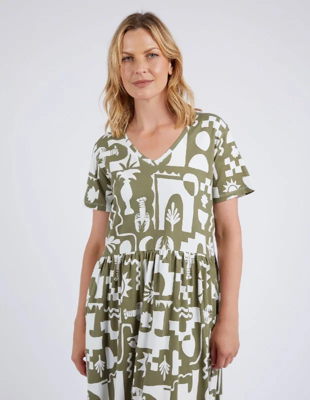 Midnight Madness Postcard Tee Dress Khaki & Cream Print