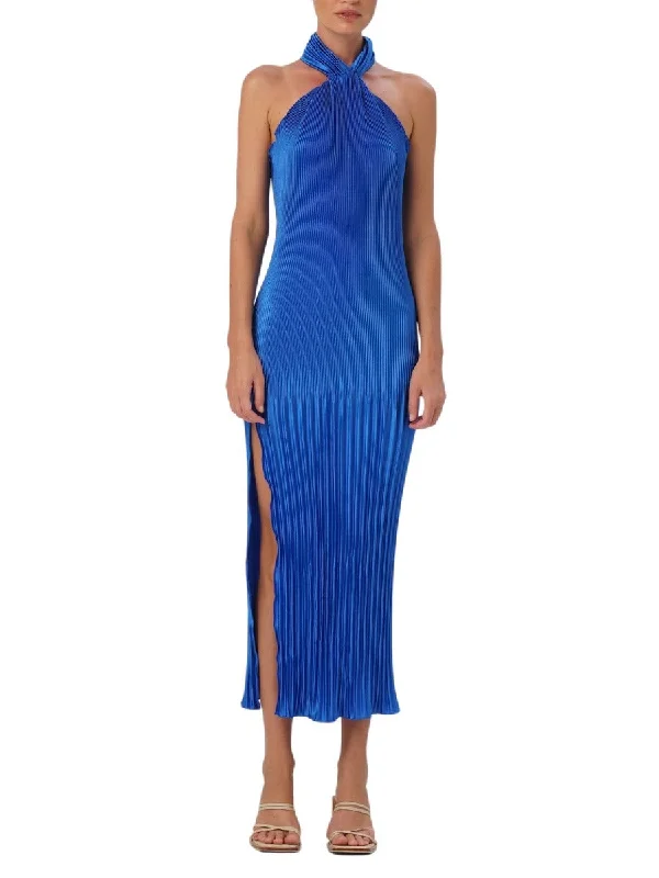 Year-End Sale Soiree Pleated Halter Gown Moroccan Blue