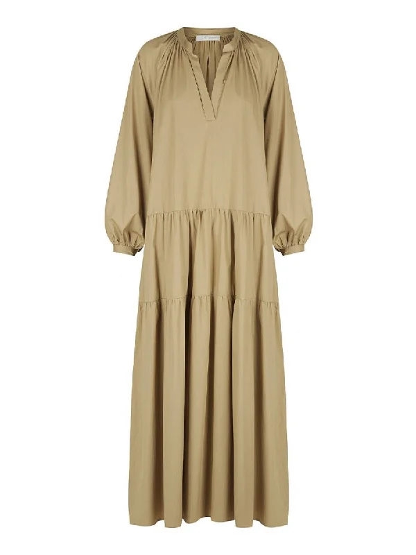 Low Prices V Neck Long Sleeve Gathered Dress Taupe