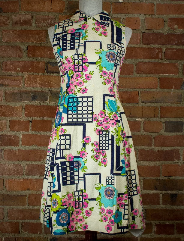 Super Bargain Vintage 60s Flower Geometric Sleeveless Dress Small