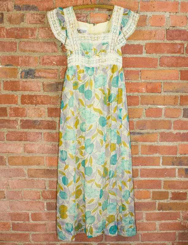 Big Discounts Vintage 70s California Charmer Lace Floral Pattern Maxi Dress Size Small