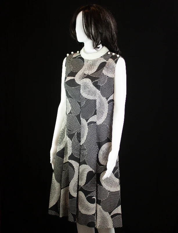 Weekend Deal Vintage Abstract Polka Dot Dress With Pleated Skirt 60s Black and White Medium