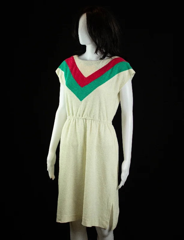 Big Savings Vintage Chevron Terry Cloth Dress 70s Cream, Red and Green Medium