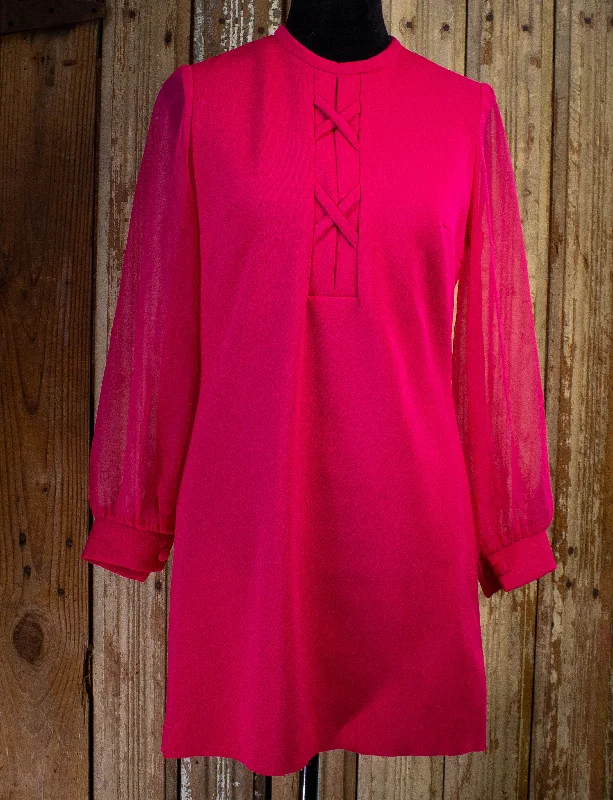 Anniversary Sale Vintage Fuchsia Sheer Sleeve Mini Dress 1970s M