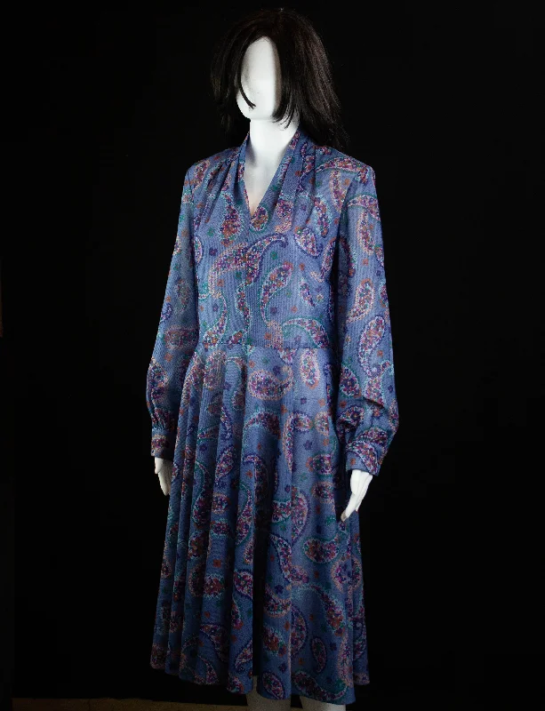 Sale Event Vintage Paisley Print Maxi Dress 70s Blue and Purple Small-Medium