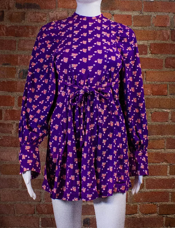 Clearance Event Vintage Tres Petite Flower Print Mini Dress 70s Purple XS