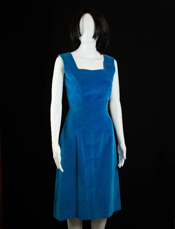 Now or Never Vintage Velvet Cocktail Dress 60s Teal Blue Medium