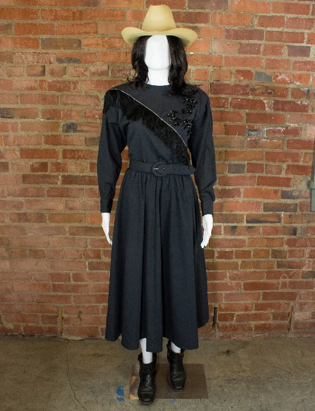 Limited Time Vintage Western Collection Fringe and Sequins Belted Western Dress 80s Black and Silver Medium-Large