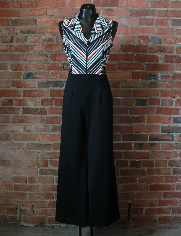 New Markdowns Women's Vintage 70's Jumpsuit Polyester Wide Leg Deep Cut Belt Red White Black Striped Small/Medium