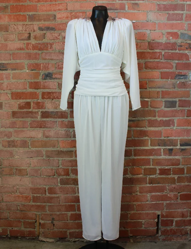 Steals and Deals Women's Vintage 80's Elatra Jumpsuit Polyester Beaded Collar White Small/Medium