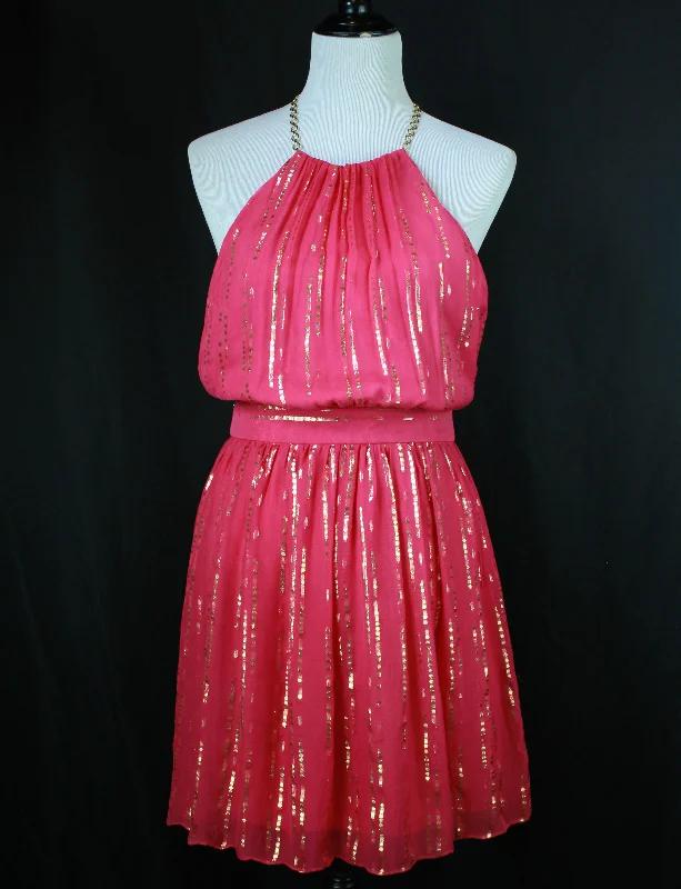 Take Advantage Women's Vintage 80's Fuchsia And Gold Halter Chain Dress - Small