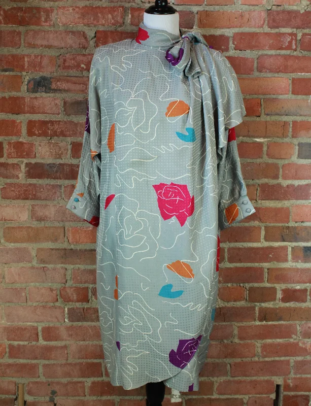 Best Seller Women's Vintage 80's Grey Abstract Rose Midi Dress - S/M