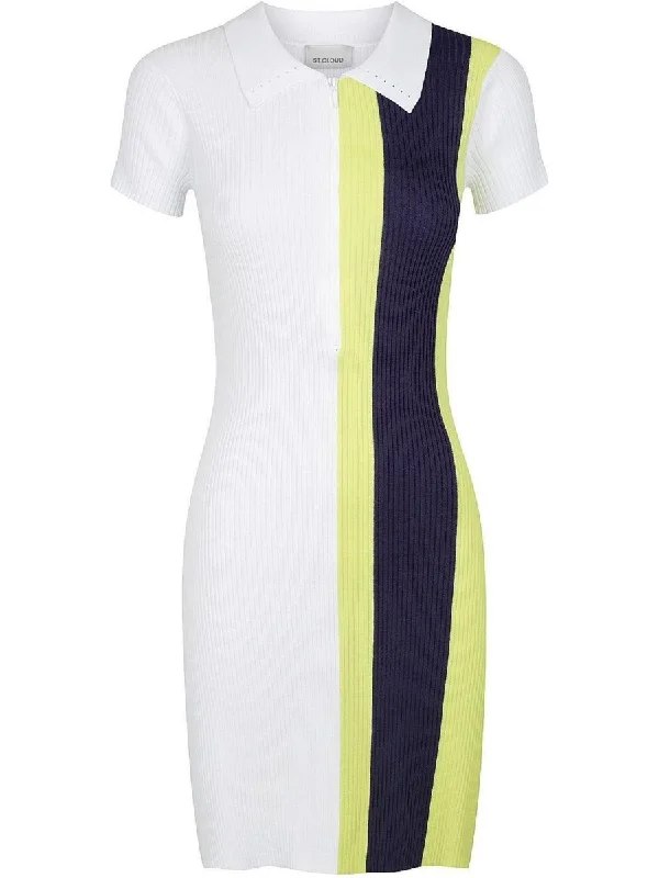 New Deals Zip Polo Dress - White with Lime and Navy