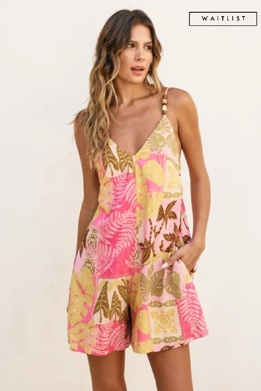 Fantastic Deals Waitlist 2/5 ♥ Brittany Sleevless Back Tie Tropical Patch Print Romper Pink