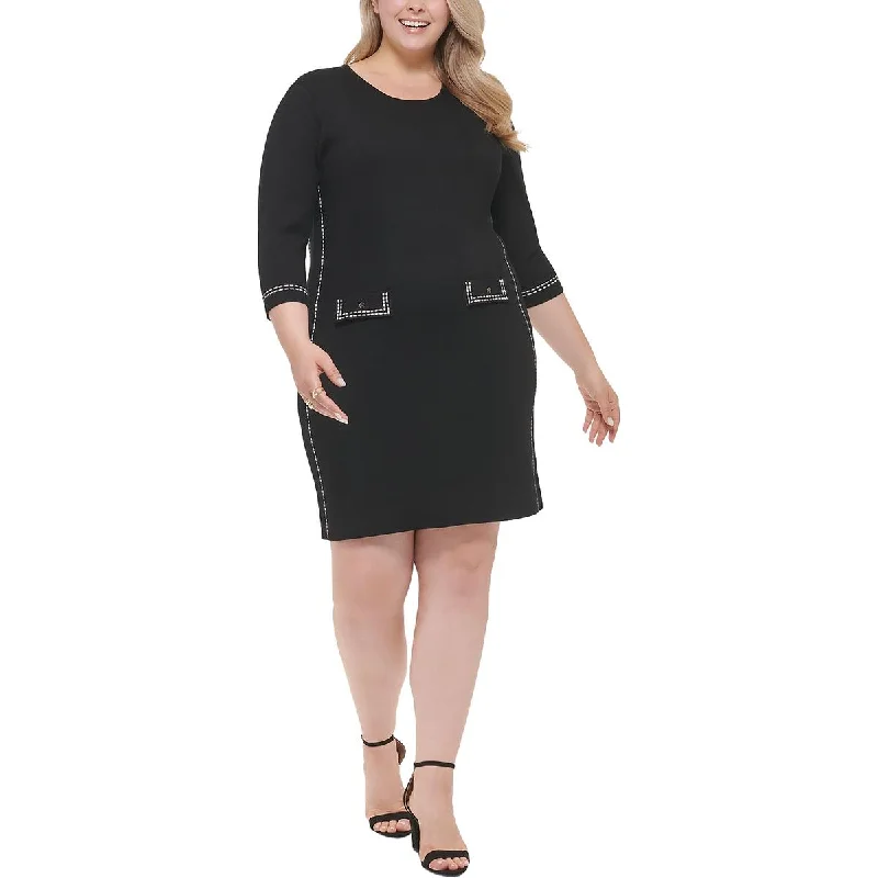 Hurry In DKNY Womens Plus Contrast Trim Mini Sweaterdress