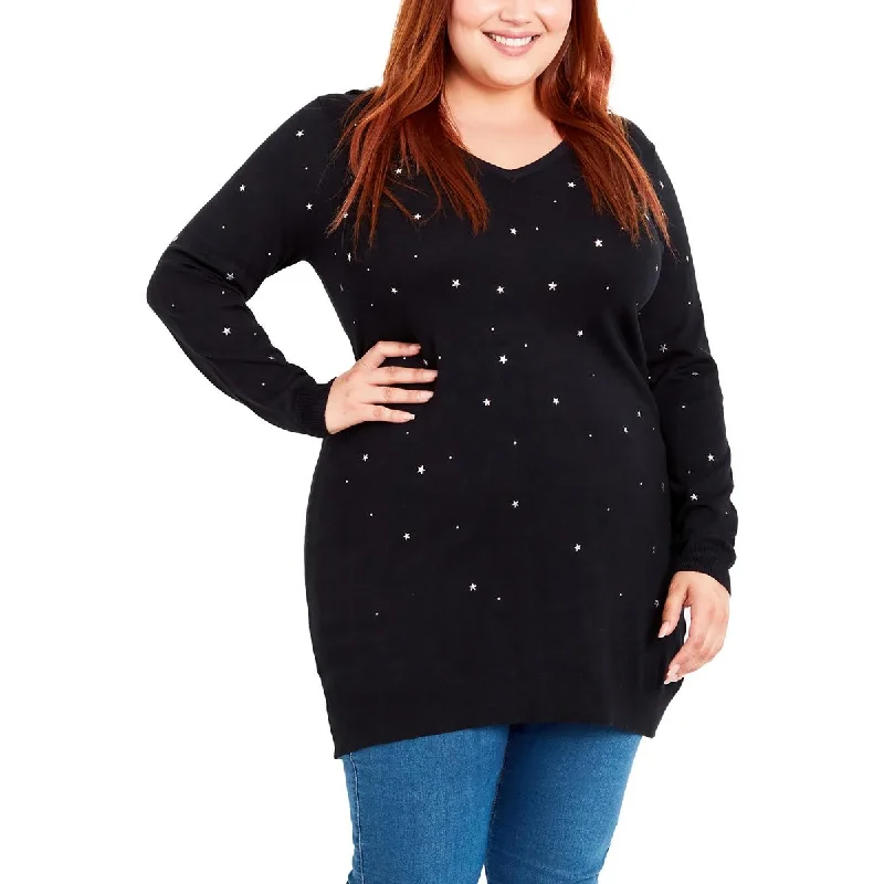 Midnight Madness Evans Womens Plus Embellished Long Sleeve Pullover Sweater