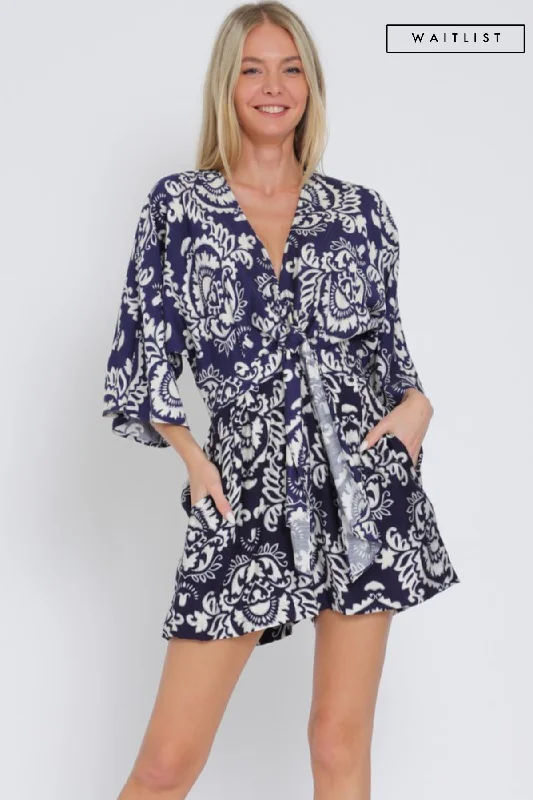 Best Deals Waitlist 2/20 ♥ Trina Kimono Sleeve Front Tie Abstract Print  Romper Navy
